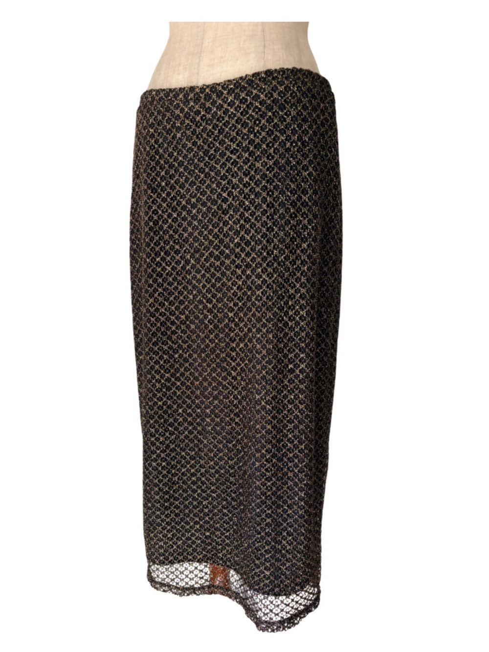 VTG 90s Y2k Express Black Midi Skirt with Metallic Gold Lace Overlay Gothic M